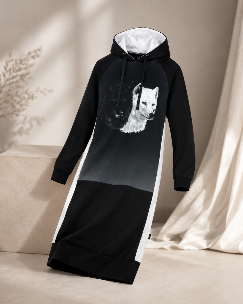 Kapuutsiga naiste dresskleit Black and White Wolves, lisavaade 1